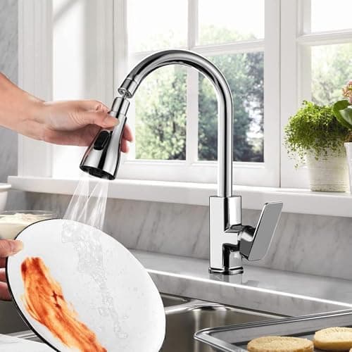 Universal Kitchen Faucet 3-Function Pull Down Sink Sprayer Attachment for Faucet Pull Out Spray Head Big Angle Rotatable Anti -Splash Faucet for Kitchen Rotating Sink Faucet Aerator (Silver)
