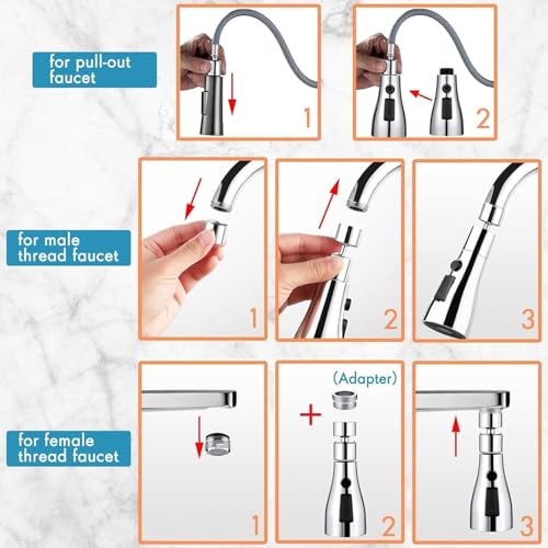 Universal Kitchen Faucet 3-Function Pull Down Sink Sprayer Attachment for Faucet Pull Out Spray Head Big Angle Rotatable Anti -Splash Faucet for Kitchen Rotating Sink Faucet Aerator (Silver) 3