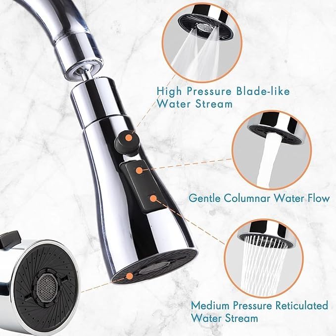 Universal Kitchen Faucet 3-Function Pull Down Sink Sprayer Attachment for Faucet Pull Out Spray Head Big Angle Rotatable Anti -Splash Faucet for Kitchen Rotating Sink Faucet Aerator (Silver) 4